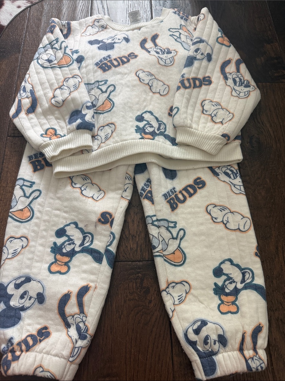 Disney Cream 'Best Buds' Quilted Pajama Set with Navy & Orange Prints